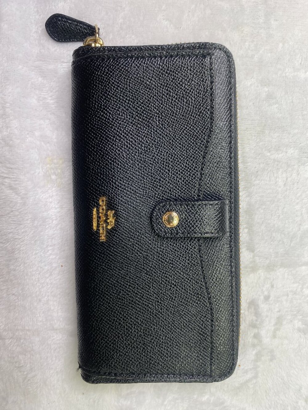 Authentic Coach Black Crossgrain Leather Pouch Long Wallet Snap Zipper
